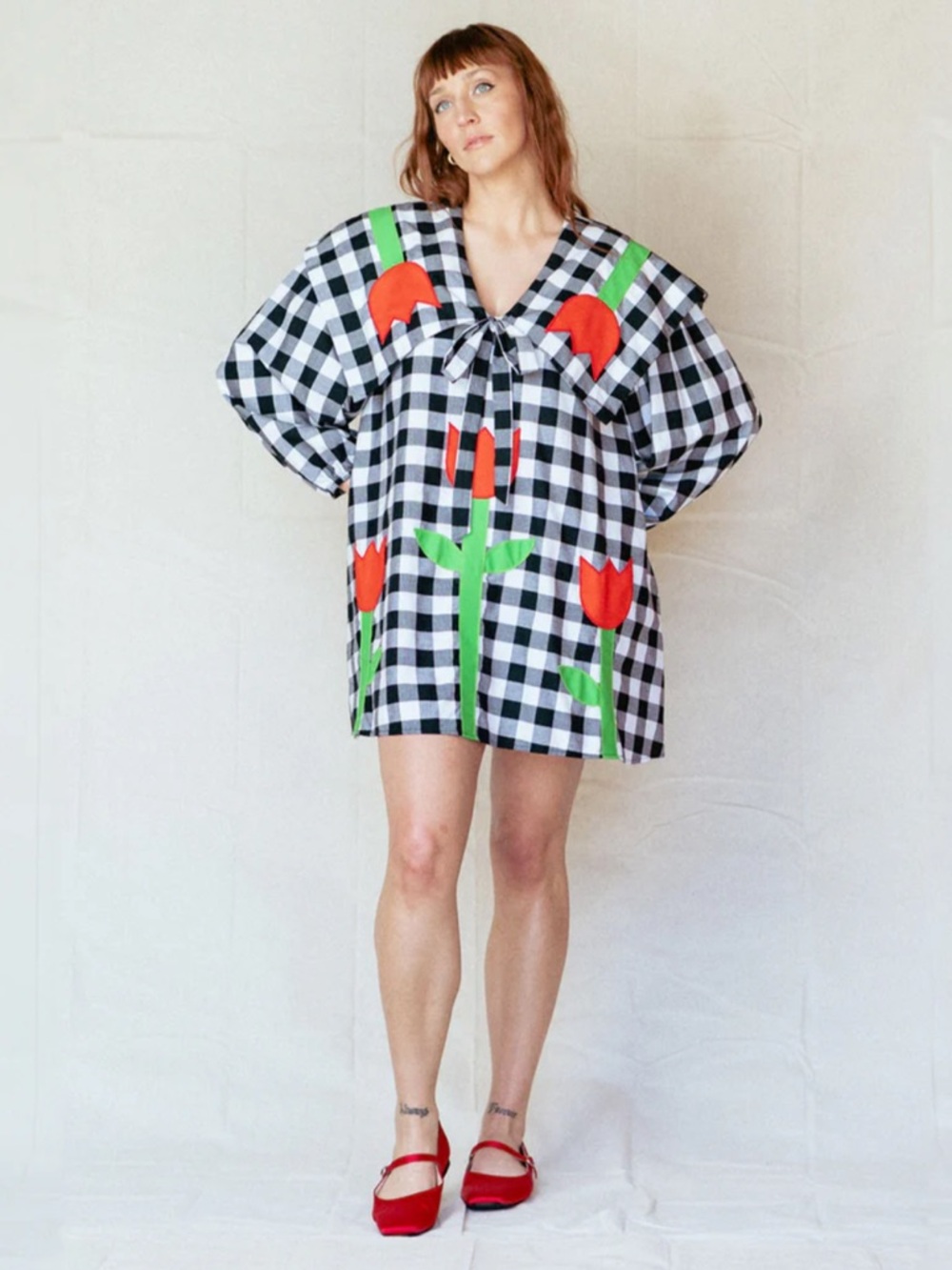 boyko Black & White Gingham Tulip Tunic with Red & Green Accents
